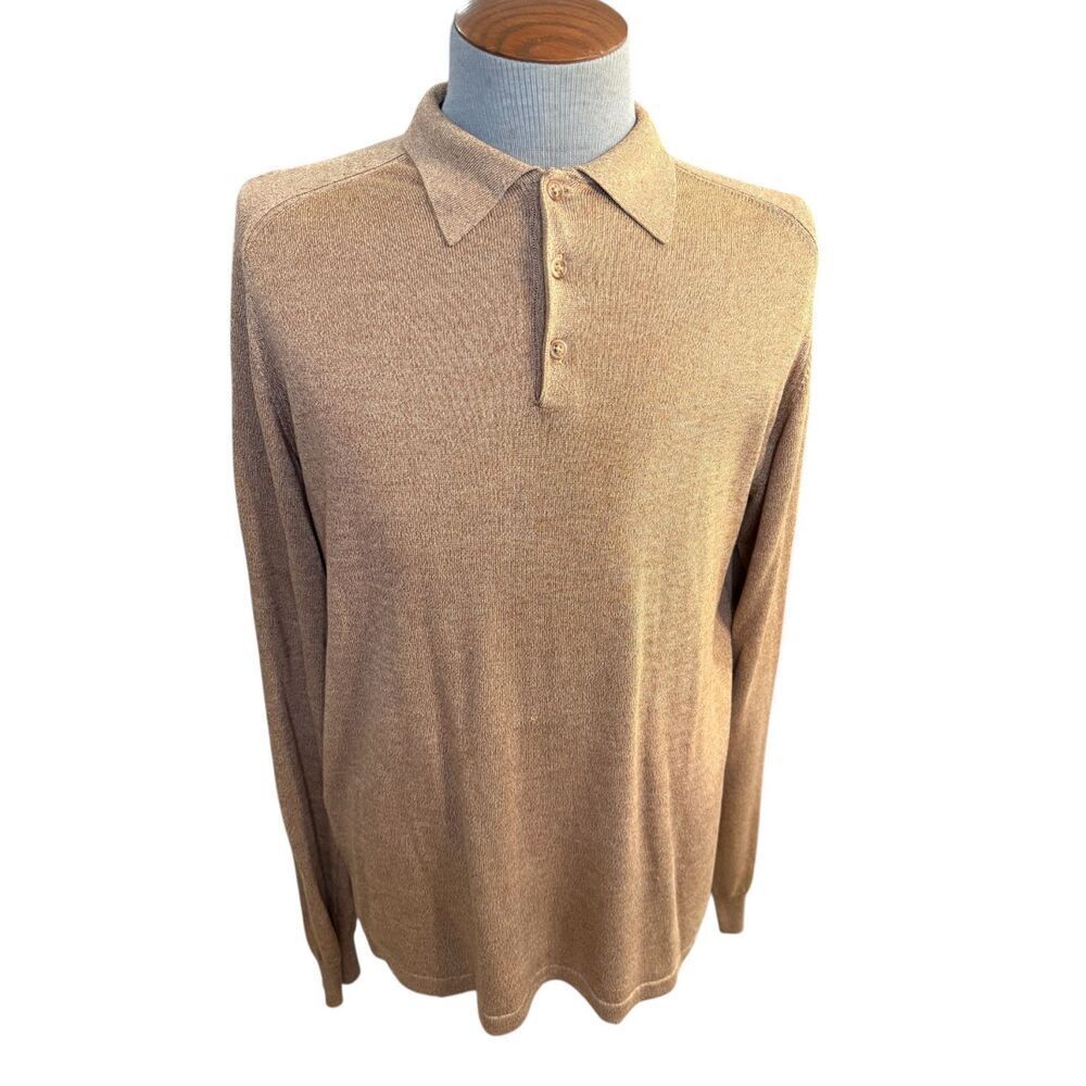 Paul Fredrick Sweater Men Large Tan/Rust Knit 100% Silk Pullover Luxe Cozy